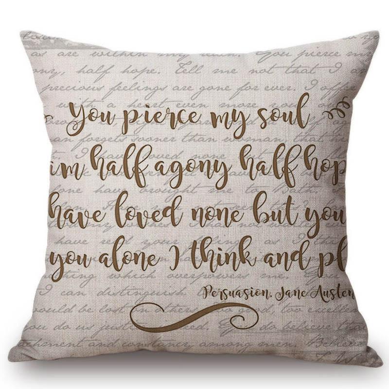 18" Square Floral Jane Austen Quotation Letter Print Sofa Throw Pillow Cover Case Cotton Linen Nordic Masterpiece Cushion Cover