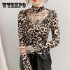 Women's Autumn and Winter Plush Leopard Print Bottom Shirt Large Size Long Sleeve Lace Embroidered Top