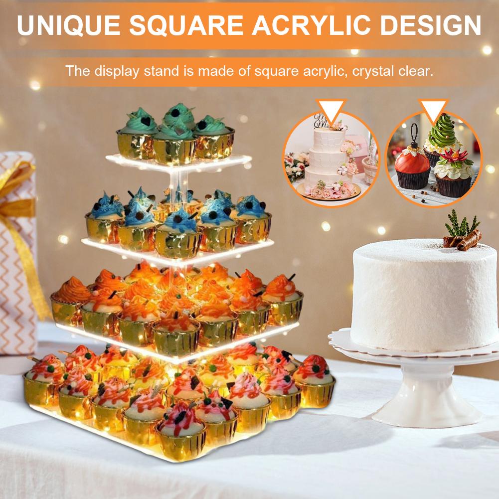 3/4 Tier Acrylic Cupcake Display Stand with LED Light Cupcake Tower Stand Multifunctional Cake Serving Platter for Party Decor