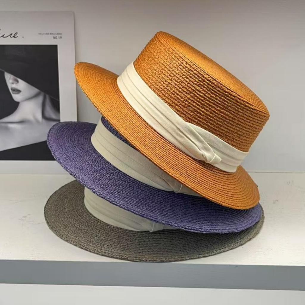French Te Silk Lafie Grass Flat Top Straw Hat Women's Summer Hepburn Elegant Top Hat, Men's Sun Had Seaside Beach Hat