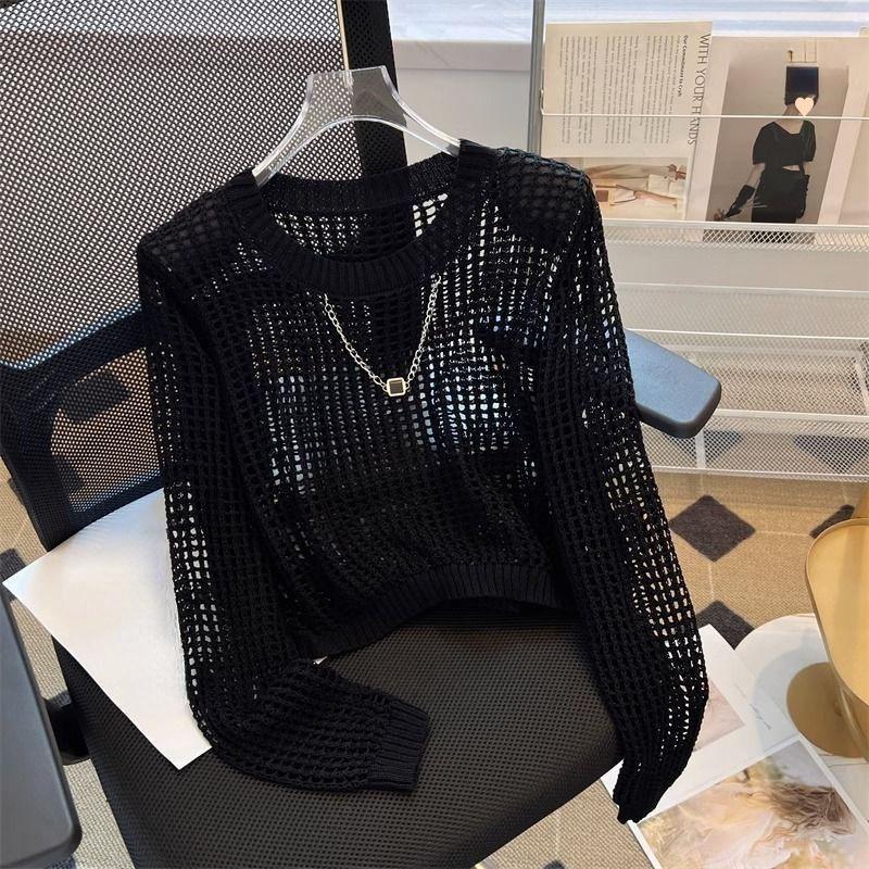 

Женский сетчатый ажурный трикотажный пуловер ранней осени однотонный модный короткий топ с длинным рукавом и круглым вырезом повседневный свитер 3XL чёрный