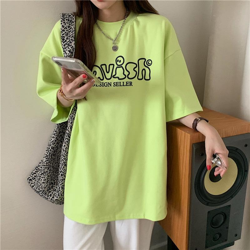 Summer New Loose Round Neck Personalized Letter Printing Thickened Polished Medium and Long Sleeve T-shirt Top Women