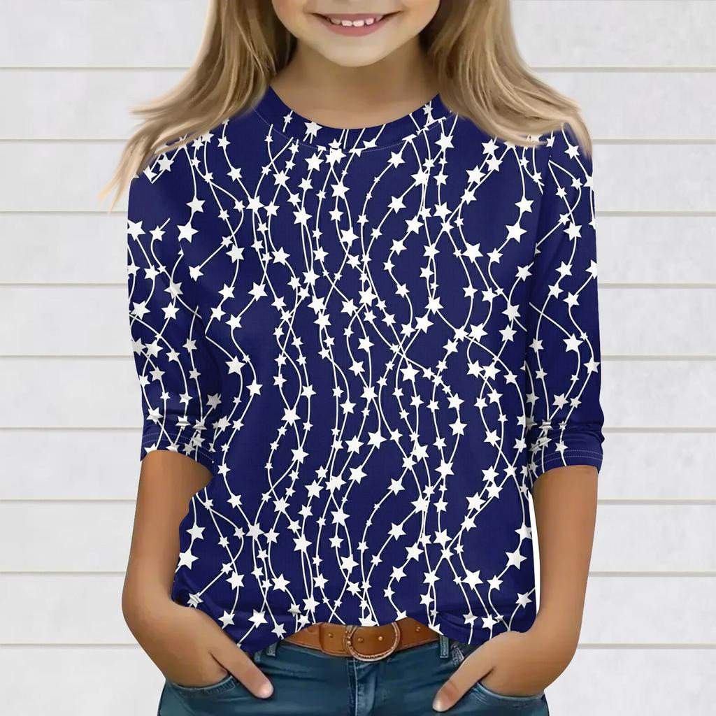 Print Tops For Youth Girls 3-10 Years Round Neck 3/4 Sleeves T-Shirts Trendy Tops Outfit Tees