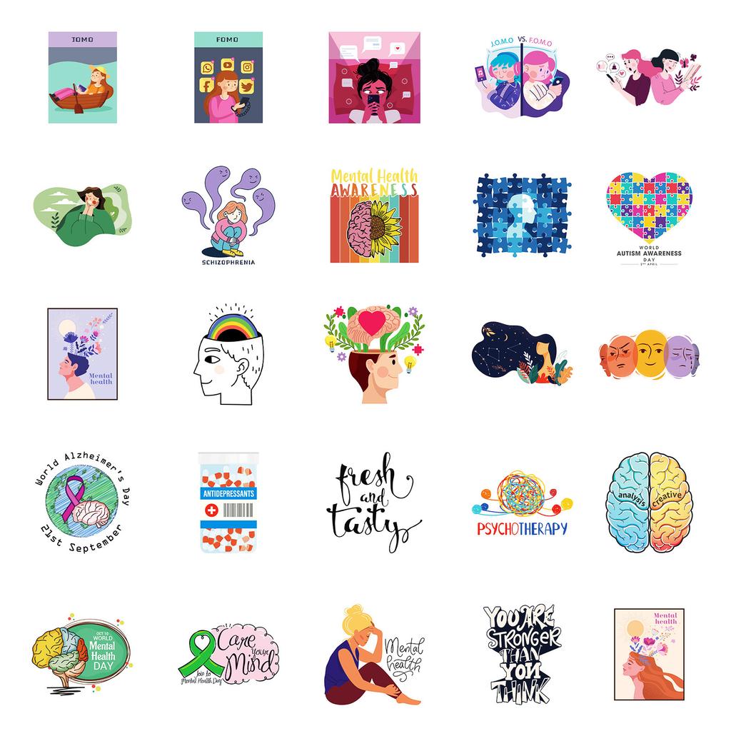 50 Hand Painted Mental Health Graffiti Decorative Stickers Diy Skateboard Water Cup Flat Decorative