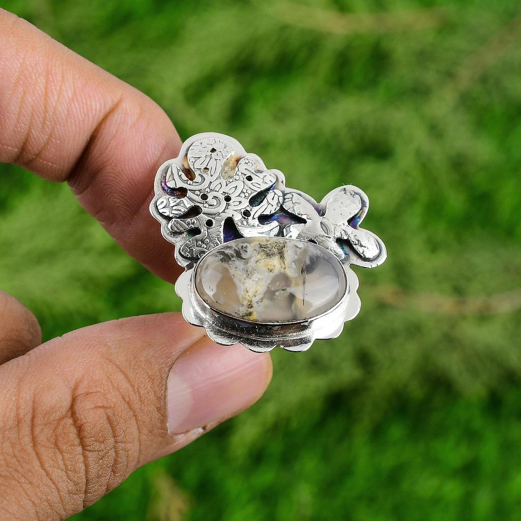 Natural Plume Agate Gemstone Stackable Adjustable Ring 925 Sterling Silver