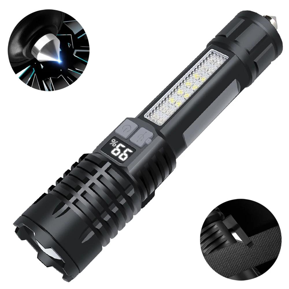 Portable Rechargeable High Power LED Flashlights With Display Screen Zoom Tactical Torch Lamp with Emergency Side Lights Lantern