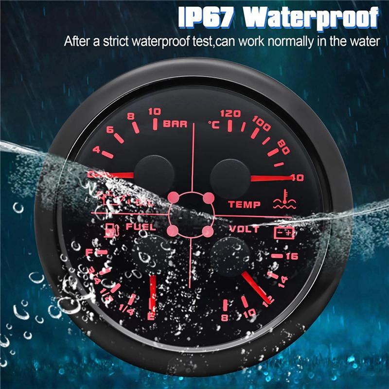 Portable 85Mm 4-In-1 Multifunction Gauge With 0-190Ohms/240-33Ohms Fuel Level Gauge Water Temp Oil Press Voltmeter