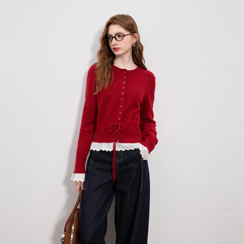 

Sancai 2025 Autumn Round Neck Knit Cardigan with Waist-cinching Lace Hem M