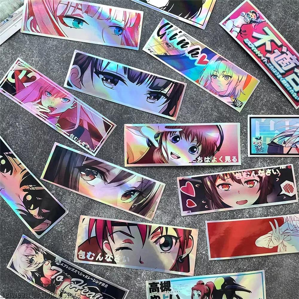 32PCS 12cm Long JDM Anime Girl Car Stickers Laser Rainbow Auto Window Windshield Motorcycle Body Moto Helmet Accessories Decals