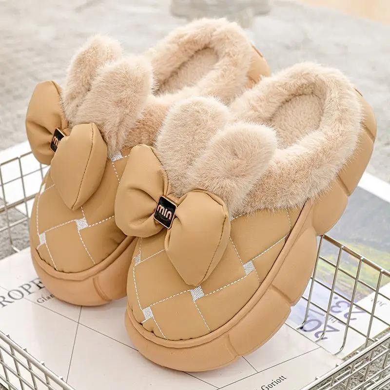 Fashion 2025 New Winter Waterproof Warm Slippers Women Home Floor Shoes Soft Plush Bow Female Indoor Furry Chunky Slippers