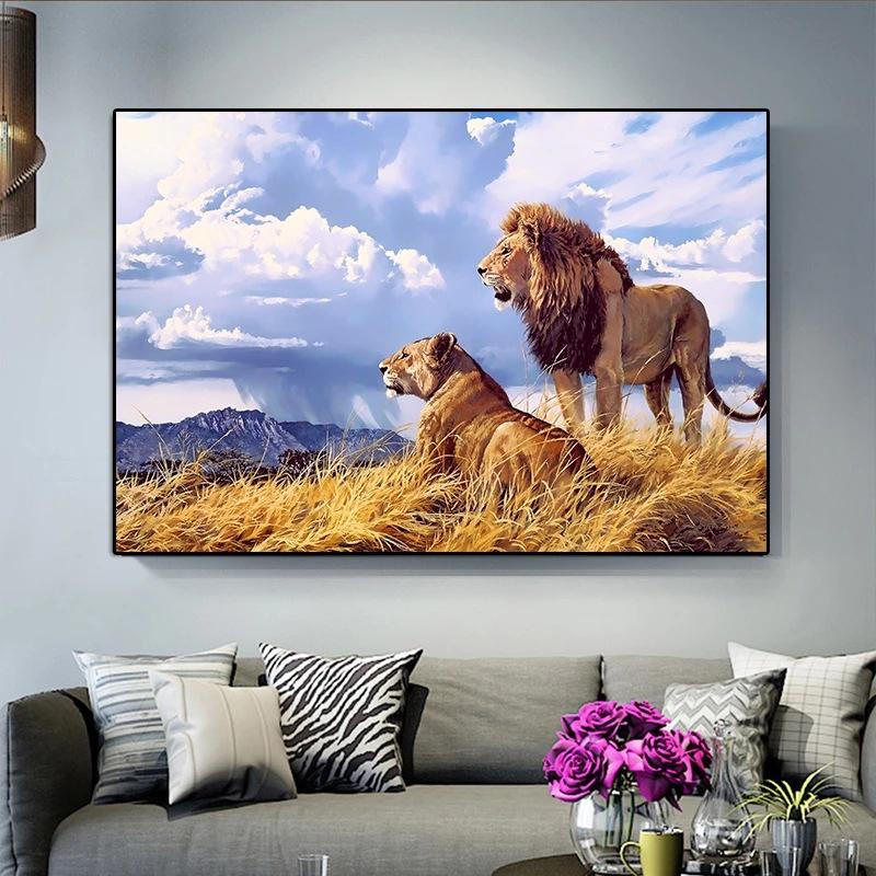Modern Lion Canvas Art: Male & Female Lions Mural Poster for Living Room Decor