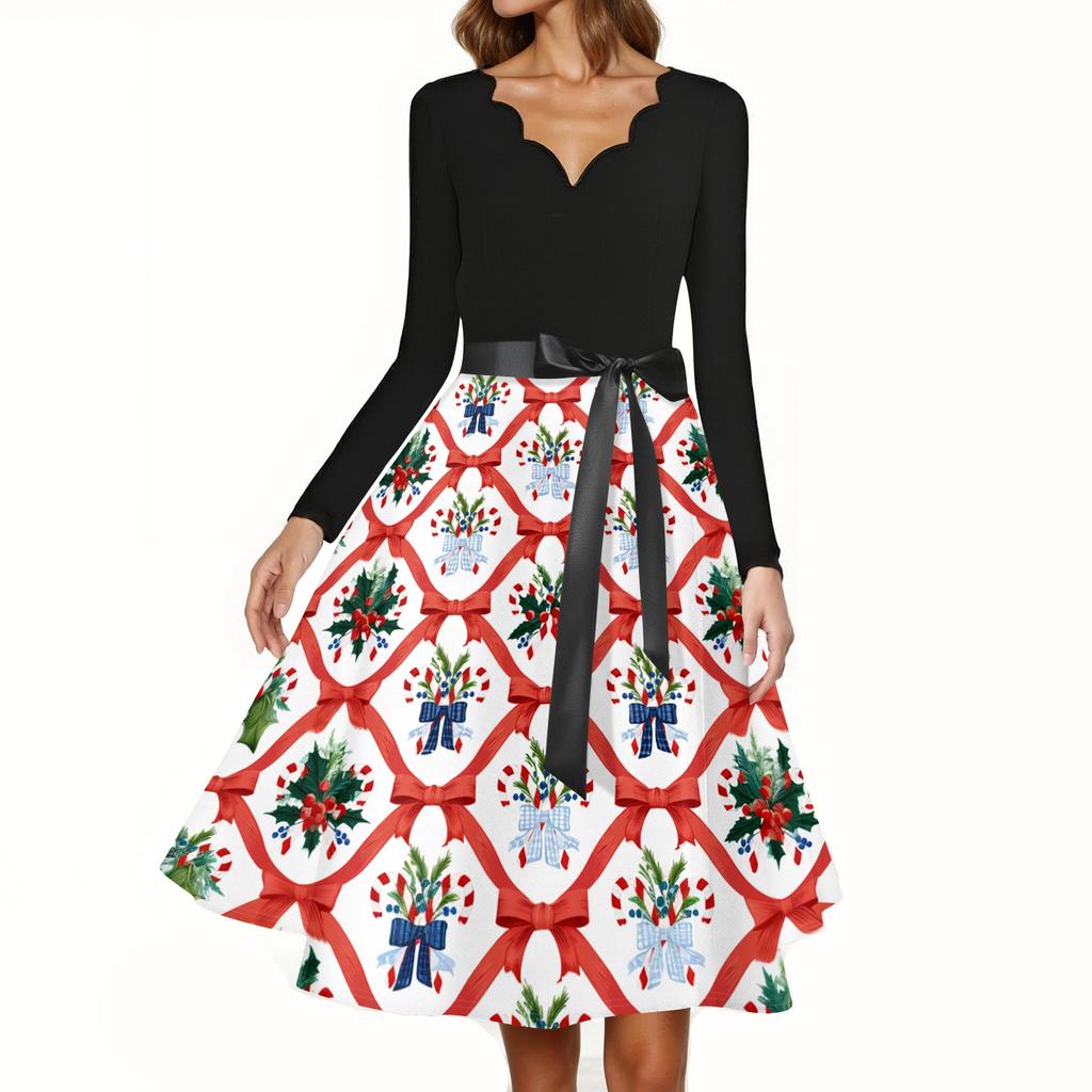 Women's Casual Christmas Print V-Neck Vintage Dress for Holiday Parties and Everyday Wear
