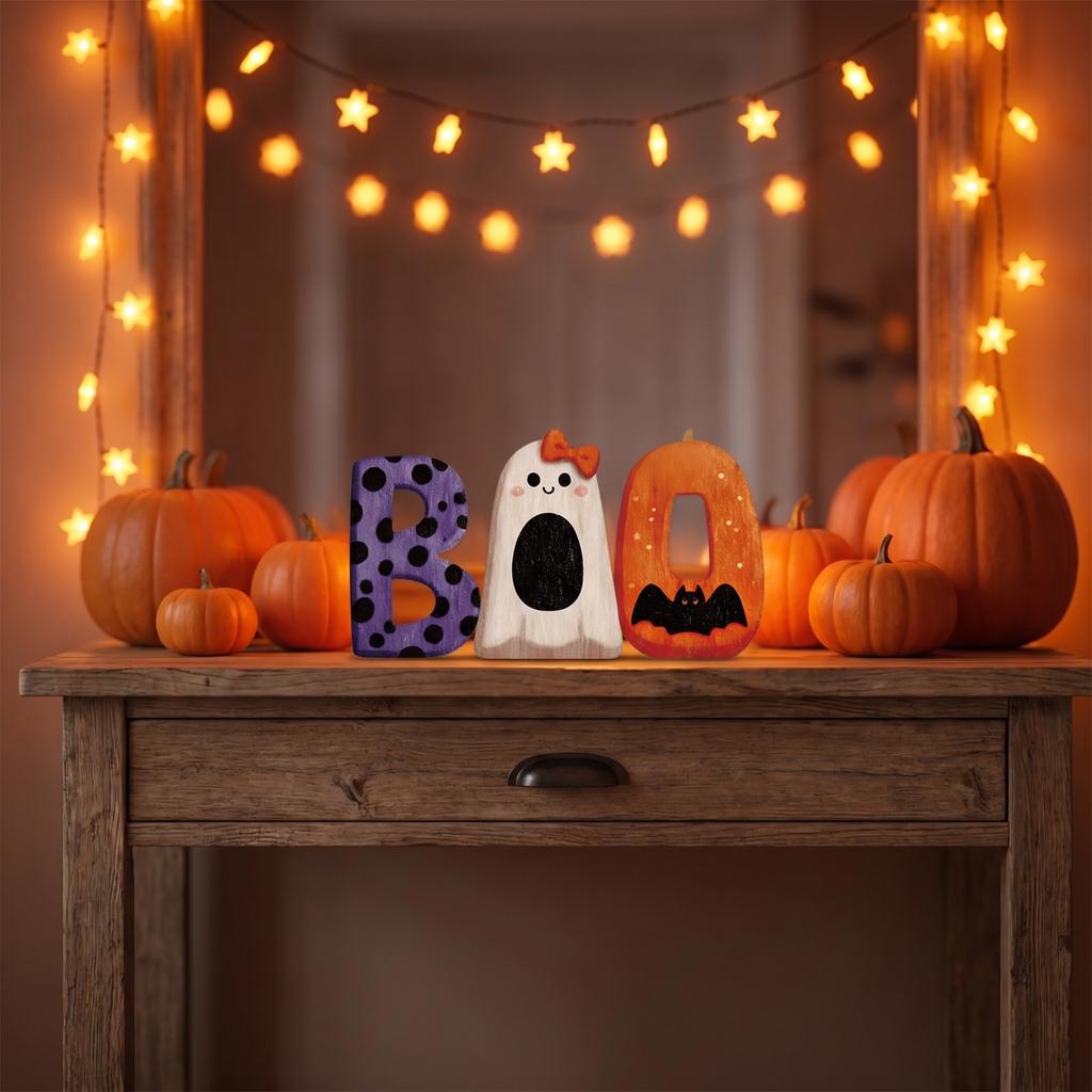 Halloween Wooden Letter Sign Set - 3 Pumpkin Decorations for Mantel Tabletop Shelf Party
