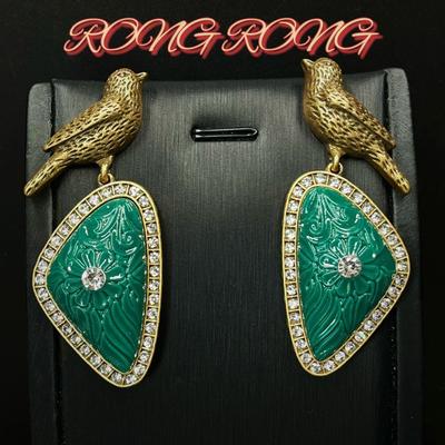 Vintage French Court Antique Green Bird Geometric Studded Earrings Retro Heavy Industry Praises Ears