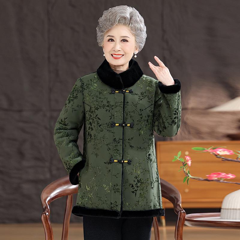 Chinese Winter Deer Velvet Coat with Fur Collar for Middle-Aged & Elderly Women