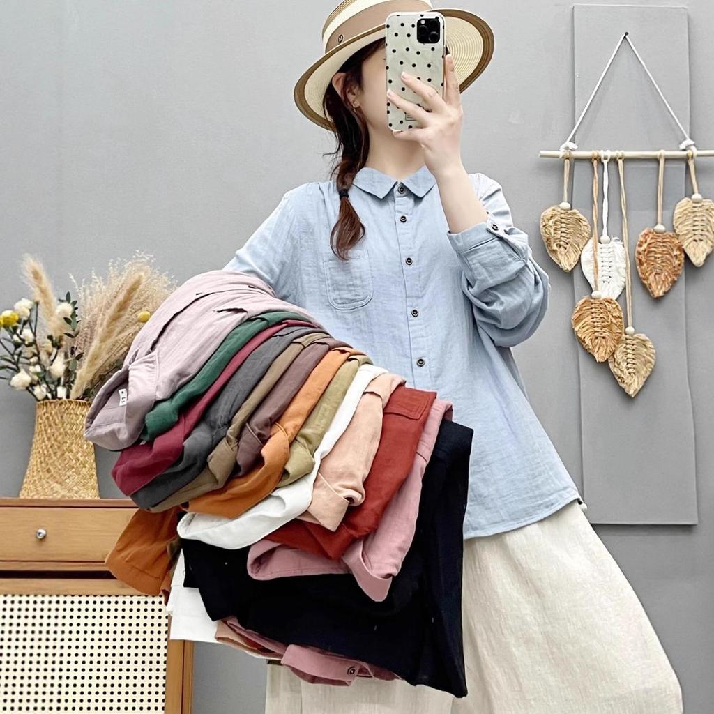 Mori-kei Double Layer Cotton Gauze Long Sleeve Shirt - Women's Loose Versatile Casual Top
