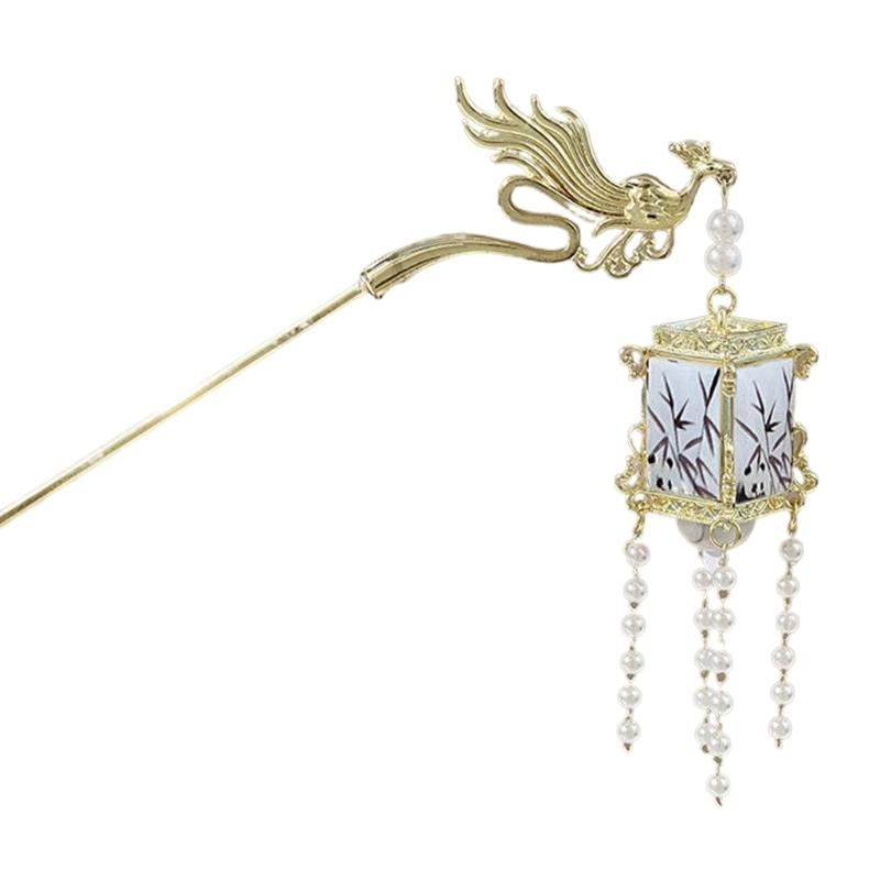 LED Lantern Dangling Hairpin Tassels Buyao Hair Stick Antique Acrylic Hair Pin for Female Chinese Costume Accessories