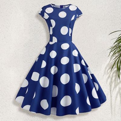 O-neck Short Sleeve Women Dress High-waist Skater Hem Waist Tight Vintage Dot Printed Party Midi Dress