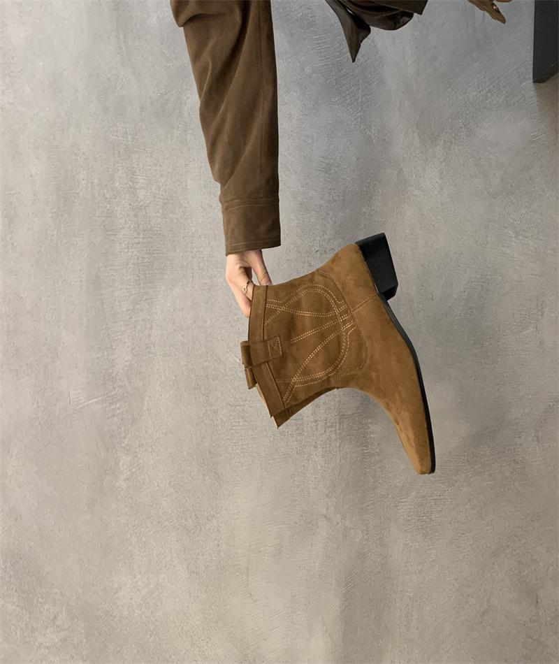 

French square head Mori western boots 2025 autumn and winter new versatile simple V-mouth thick heel thin short boots 39 верблюд