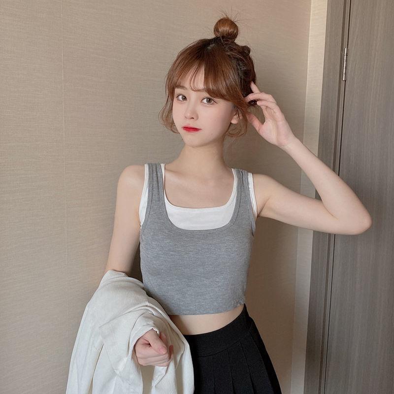 Women's Fake Two-Piece Crop Tank Top, Ribbed Cotton Sleeveless Camisole