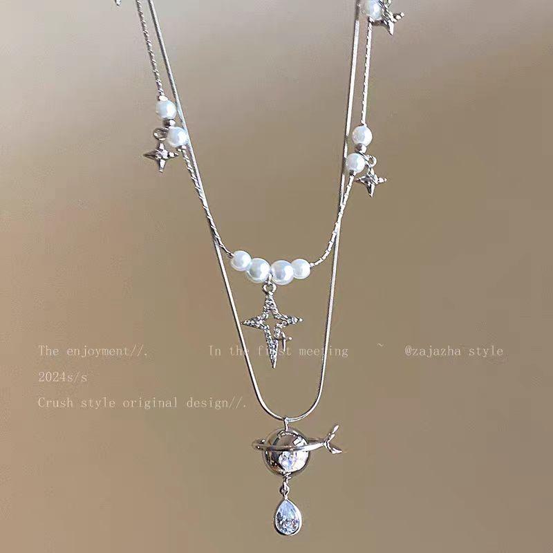 Многослойная с жемчугом Сатурн цепочка на шею женская дизайнерская премиум цепочка на ключицу сладкая крутая универсальная цепочка для свитера