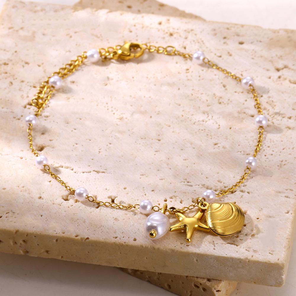 20+5cm Anklets for Women Stainless Steel Shell Starfish Imitation Pearl Leg Bracelets Gold Color Beach Summer Bodychain Jewelry