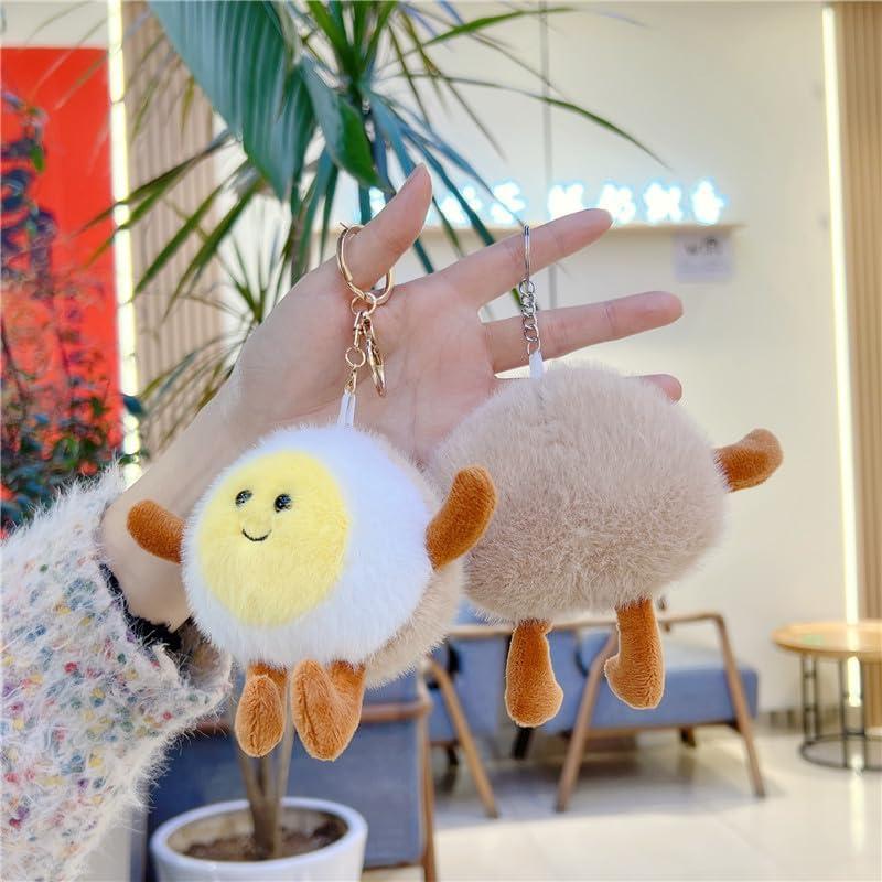 [Qiubaoll] Cute Fried Egg Keychain Boiled Egg Stuffed Bag Charm Fluffy Bag Decoration Stylish Birthday Present Gift