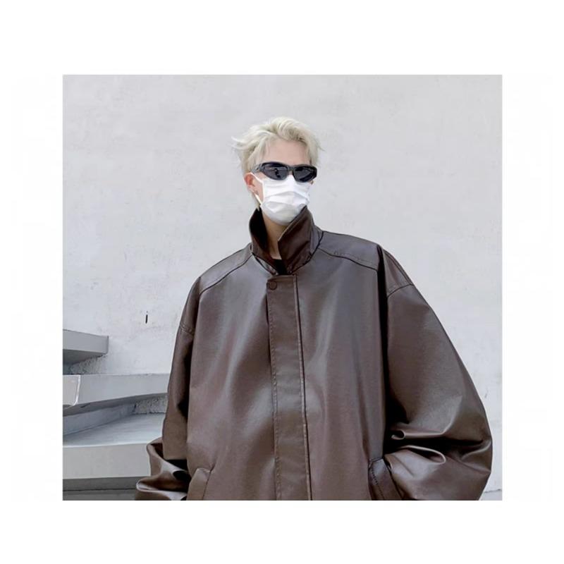 American Retro Black Leather Jacket Men's High-end Feeling Spring and Autumn Clean Fit Cool and Stylish Shoulder Pad Jacket Motorcycle Suit