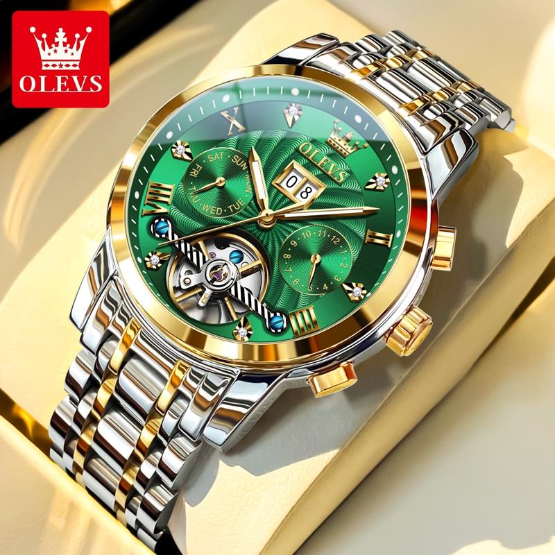 OLEVS 9910 Skeleton Flywheel Automatic Mechanical Wristwatch for Men Stainless Steel Waterproof Luminous Calendar Business Watch