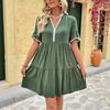 VEZFAA Women's Fashion Summer Spring Solid Color Print Short Sleeve V-Neck Loose Waistline Casual Dresses