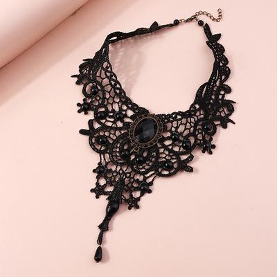 Damen Schwarze Spitze Perlen Choker Viktorianischer Edelstein Sexy Gothic Kragen Halskette Schönes Geschenk für Frauen