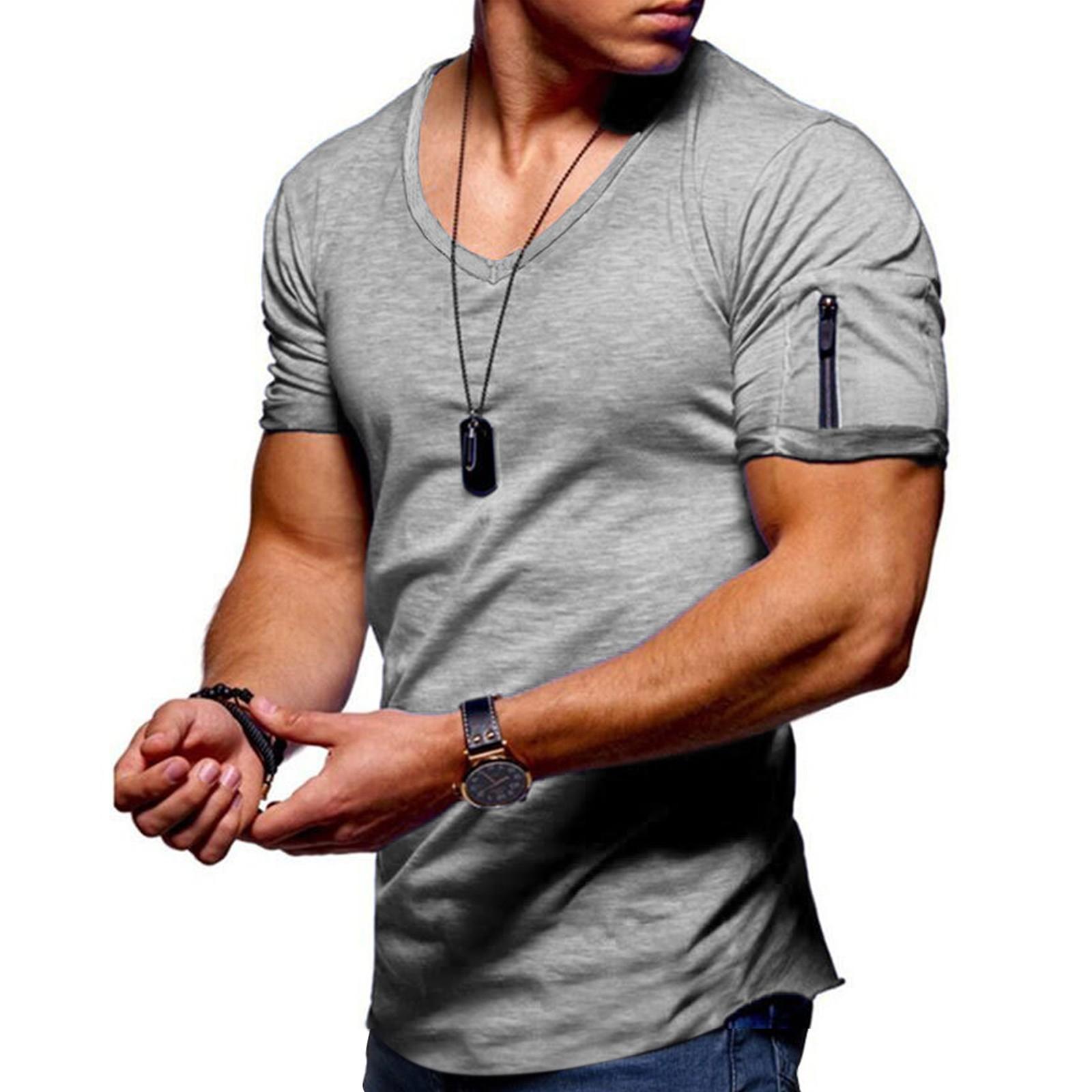 Мужская футболка с v-образным вырезом однотонная большая повседневная на молнии с коротким рукавом футболка M 3794₽