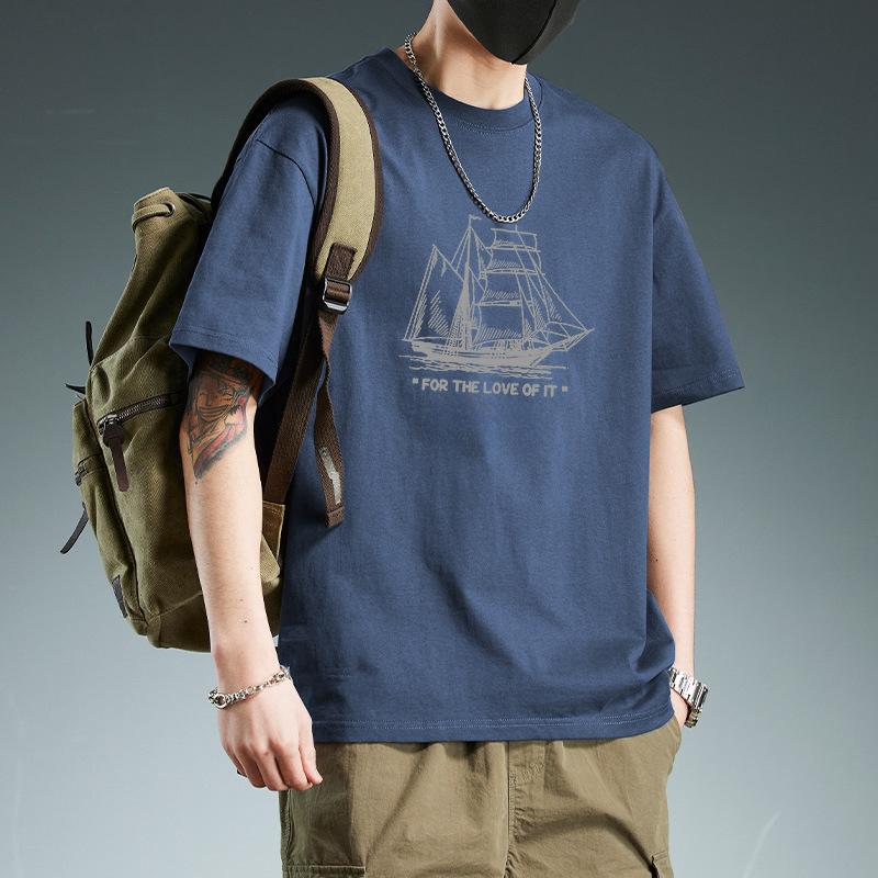 Boat Print T Shirt Summer O Neck Short Sleeve Cotton T Shirts Men Tops