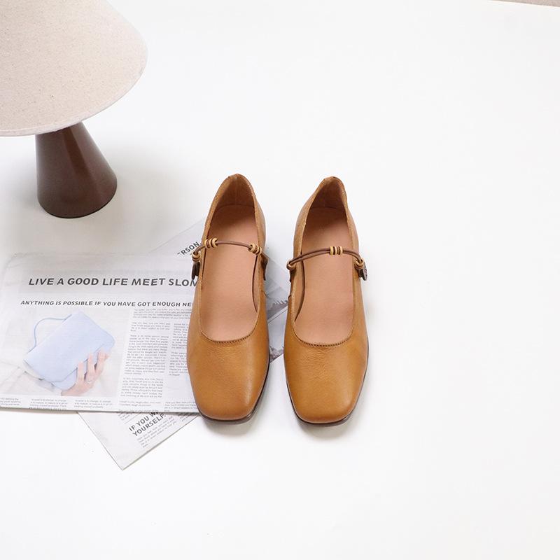 Johnature Genuine Leather Retro Women Shoes Handmade Round Toe Buckle Low Heel Comfortable Pumps