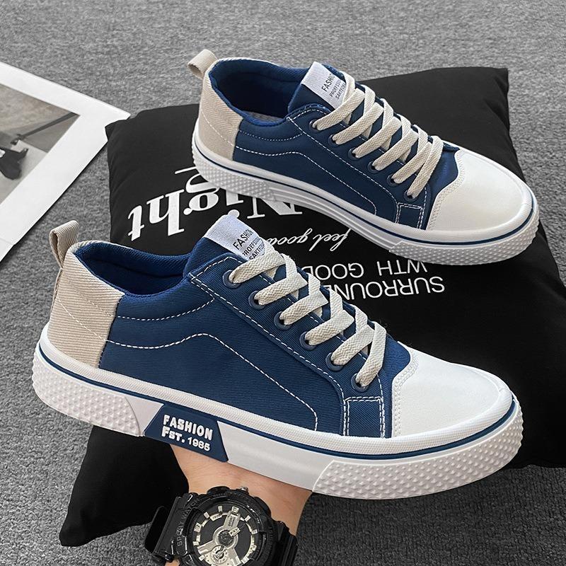 Men's Low-top Canvas Sneakers Casual Lace-up Shoes with Contrast Heel Counter for Daily Wear