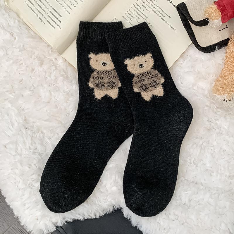 Wool Socks Children'S Medium Tube Socks Season Warm, Piled And Thickened To Keep Warm Cute Cartoon Flocked Bear Stockings Women