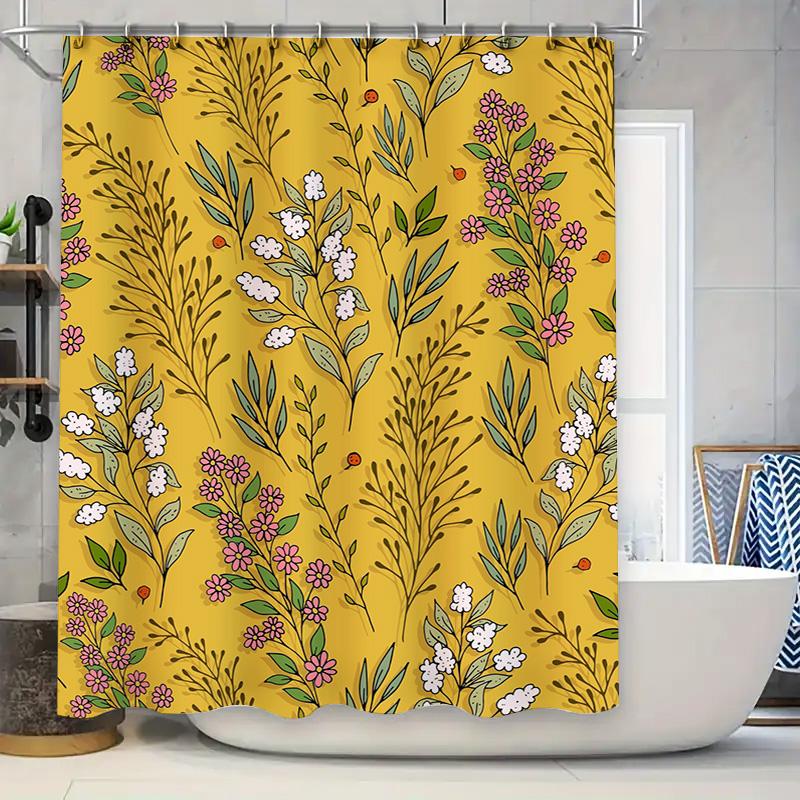 

Yellow Floral Shower Curtain Setmodern Bathroom Decor With White Flowers Leaves Perfect For Home Bathrooms! (#Faucet Not Include W60H190(CM)-1 Pcs