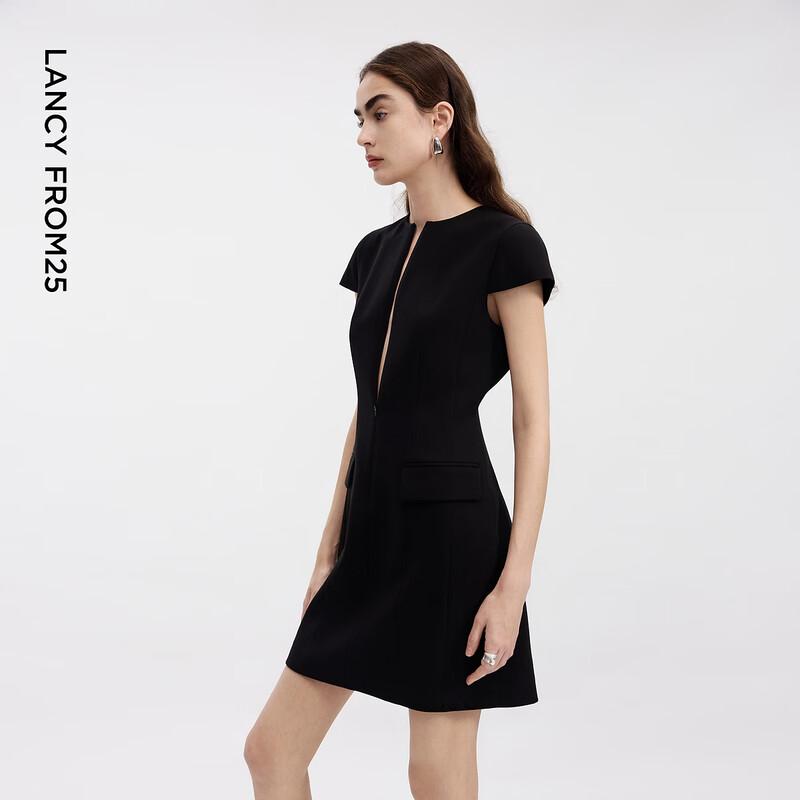 LANCY Acetate Blend Round Neck Waist-Cinching Dress