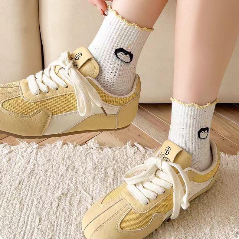Polka Dot Panda Embroidery Cotton Mid-Calf Socks - Cute Japanese Style for Spring and Autumn