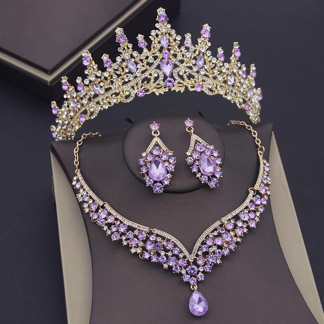 Gorgeous Pink Crystal Bridal Jewelry Sets for Women Wedding Crown Earring Tiaras Necklace Set Bride Prom Dubai Jewelry Sets