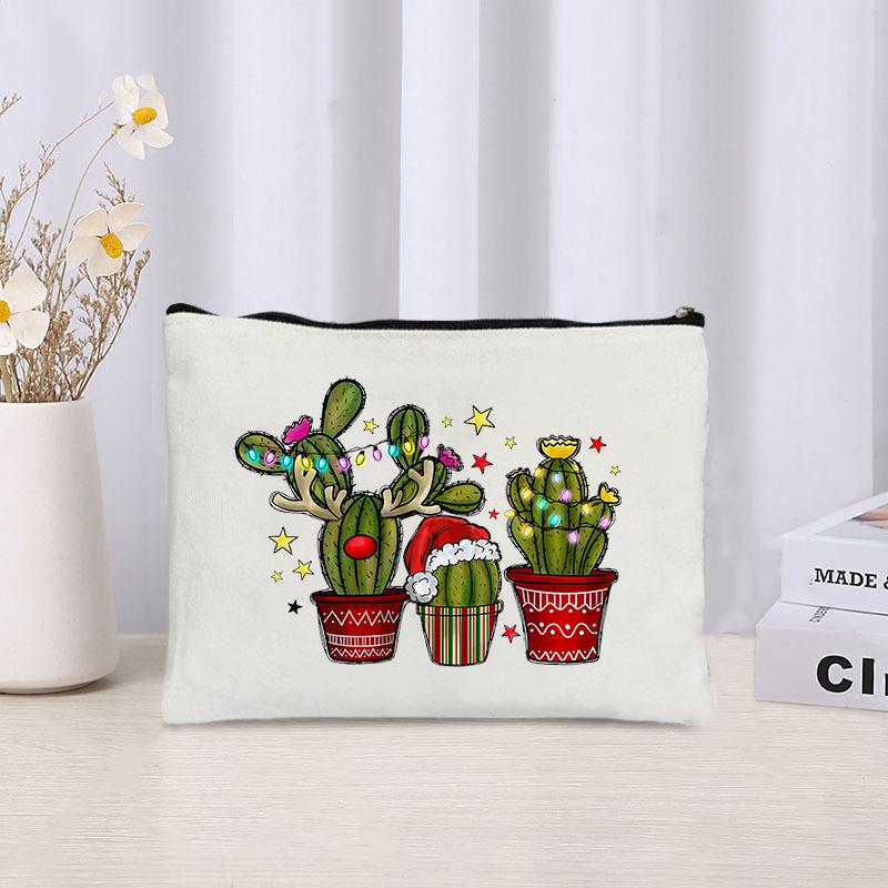 

Christmas Hat Cactus Print Cosmetic Bag Organizer Zipper Canvas Storage Pouch Travel Lipstick Make Up Bags Pencil Case Xmas Gift