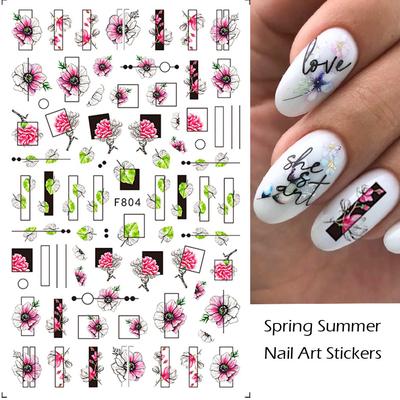 Spring Summer Series Adhesive Nail Stickers Decals Black White Lines Flowers Plants Nail Design Nail Art Decoration