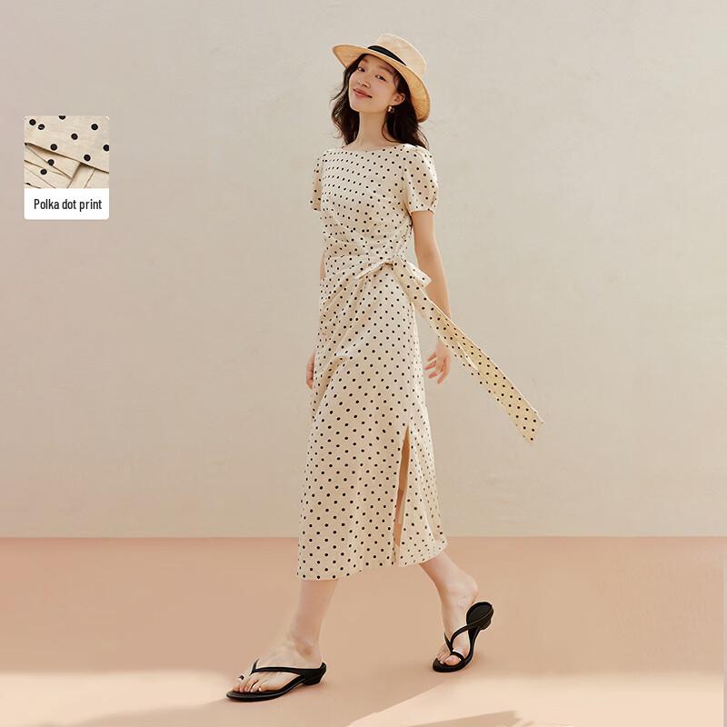 INMAN Polka Dot Tie-Waist Midi Dress S
