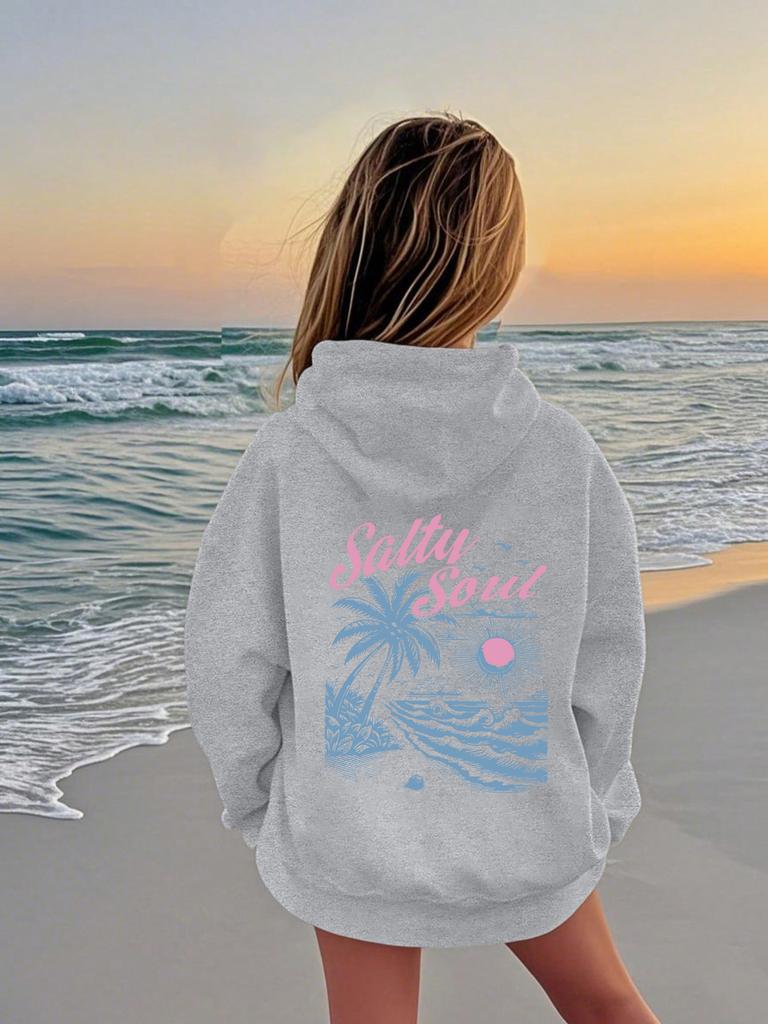 Womens Long Sleeve Hoodie, Vintage Ocean Beach Palm Sunset With Text Graphic Pullover, Lightweight Sweatshirt for School And Daily Outdoor Wearing