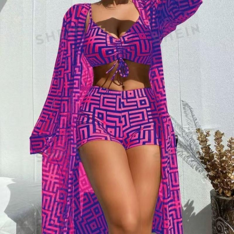 New European and American Women's Split Swimsuit Blouse Three-piece Gather Beach High-waisted Bikini