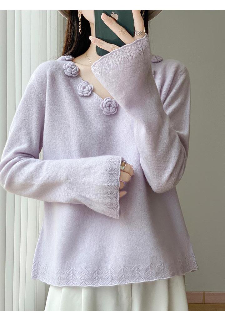 Silk Wool 3D Floral Patchwork Sweater: Women's Autumn/Winter Crochet Knitwear