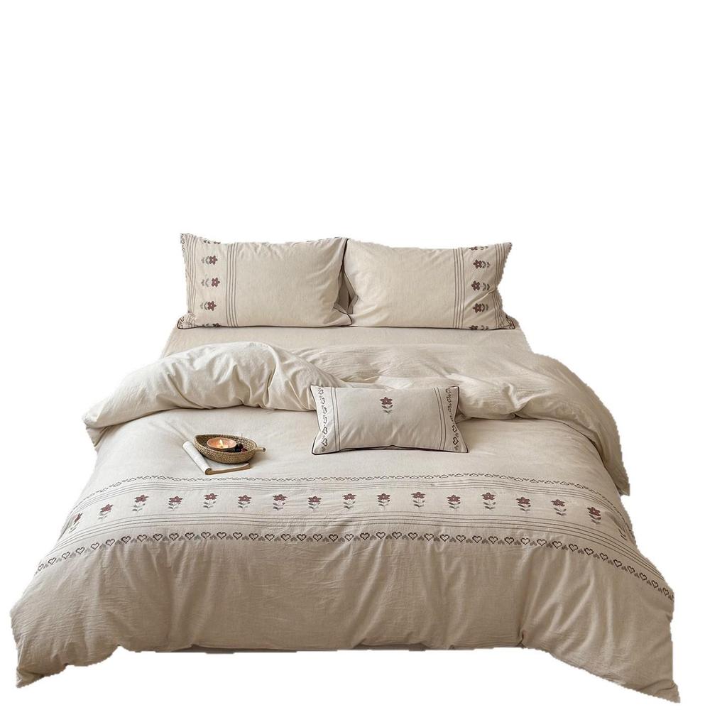 Spring/Summer Skin-Friendly Breathable Yarn-Dyed Cotton-Linen Embroidered Bedding Set