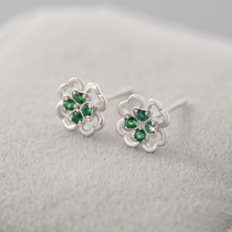 

925 Sterling Silver Vintage Green Zircon Stud Earrings for Women, Hollowed Flower Earring Hypoallergenic Girls Party Gift срібний