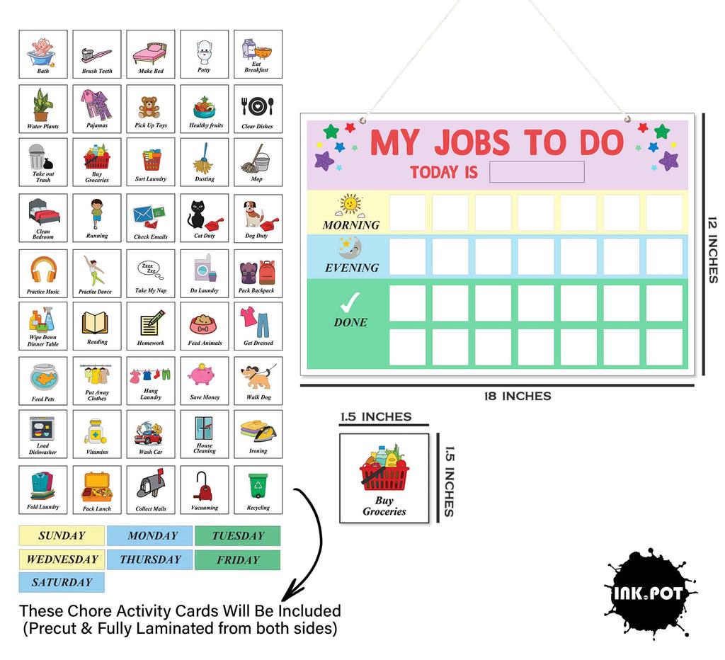 Inkdotpot Lista de verificare a responsabilităților zilnice pentru copii, Tabel de treburi agățate - Afiș de muncă pentru copii - Rutină zilnică de dimineață seara - Sarcină zilnică