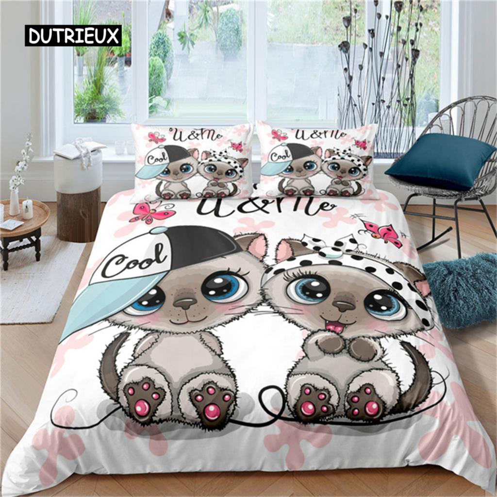 Cartoon Cat Dogs Bedding Set Cartoon Kittens Animals Pet Microfiber Duvet Cover for Women Children Kids Girls Bedroom Decoration